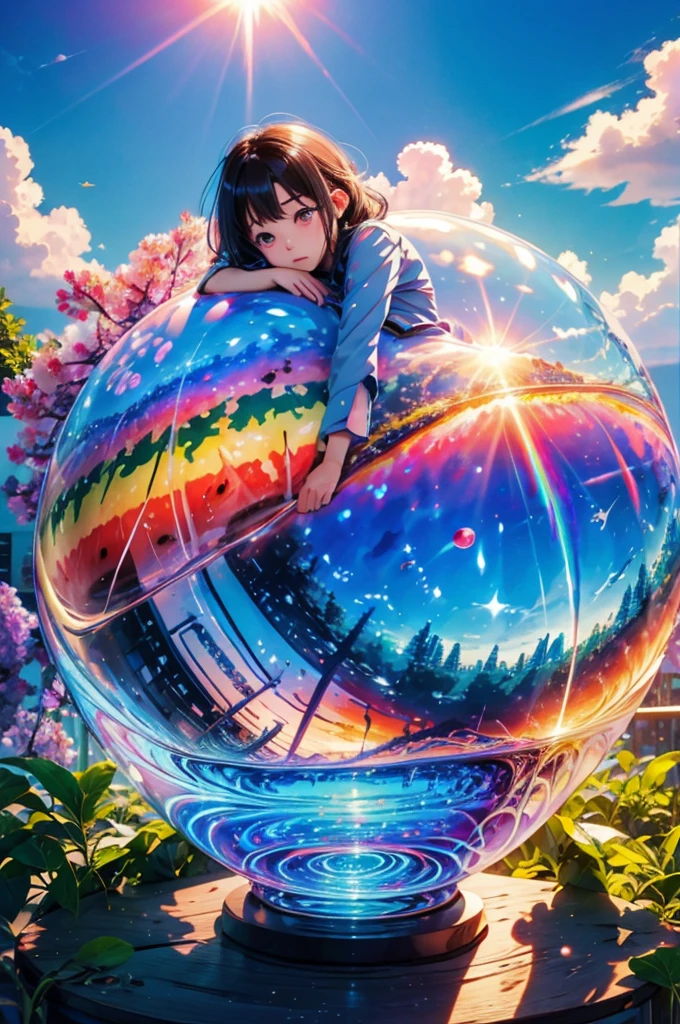 (Highest quality), (8k), (Highest quality), (live-action), (Realistic photos), buzzer、buzzerを感じる物、buzzerを感じる風景, watermelon、blue sky, Rainbow and sunshine shining.16K, Ultra-high resolution, Shining in rainbow colors、to be born,wonderful ,future、iridescent、The world 30 years from now。