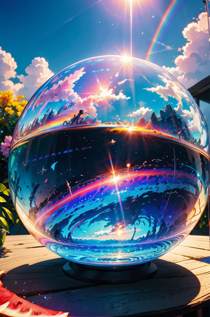 (Highest quality), (8k), (Highest quality), (live-action), (Realistic photos), buzzer、buzzerを感じる物、buzzerを感じる風景, watermelon、blue sky, Rainbow and sunshine shining.16K, Ultra-high resolution, Shining in rainbow colors、to be born,wonderful ,future、iridescent、The world 30 years from now。