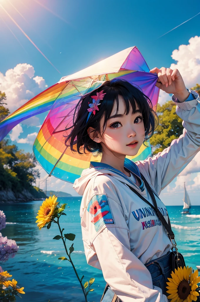 (Highest quality), (8k), (Highest quality), (live-action), (Realistic photos), buzzer、buzzerを感じる物、buzzerを感じる風景, watermelon、blue sky, Rainbow and sunshine shining.16K, Ultra-high resolution, Shining in rainbow colors、to be born,wonderful ,future、iridescent、The world 30 years from now。