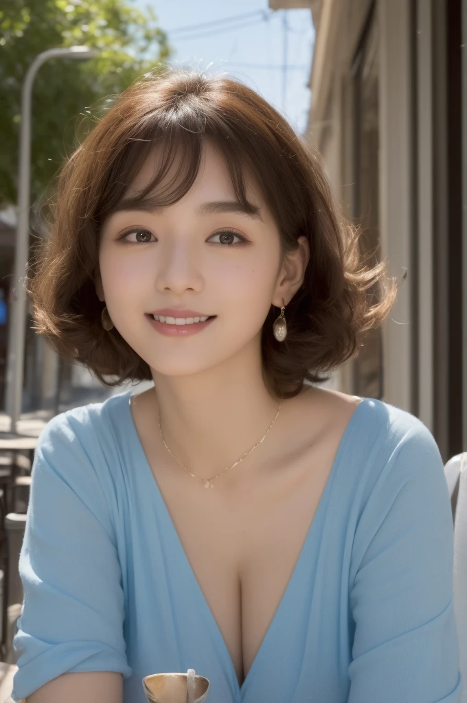 ((Best Quality, 8k, Masterpiece:1.3)), 40k, Perfect Body Beauty:1.4, cinematic lighting, curly hair, short hair, straight Bangs, wearing a light blue crewneck dress , 18 age , (sunny, street:1.2), (in front of cafe:1.2), Highly detailed face and skin texture, big eyes, Detailed eyes, Double eyelids, whitening skin, perfect face, mask,(huge breast, looking into the distance), (nighttime), smile,  earrings, necklaces, coffee on table, (a women sitting in front of cafe), 