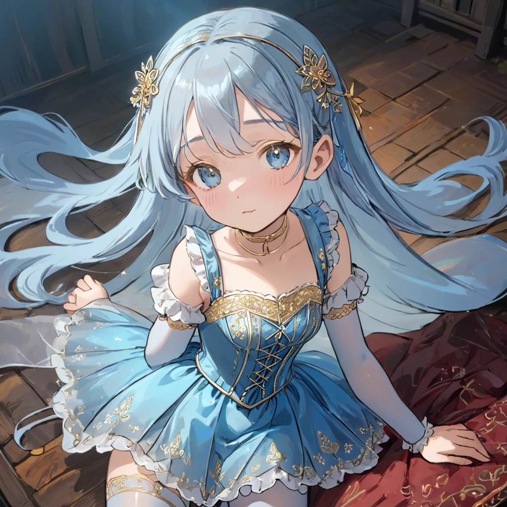 8 year old medieval girl, １people々、In underwear、Gold and silver thread embroidery、Translucent underwear that reaches below the knee（Bloomers）wear、wear a semi-transparent corset、Translucent slip, Translucent light blue tights、sleep