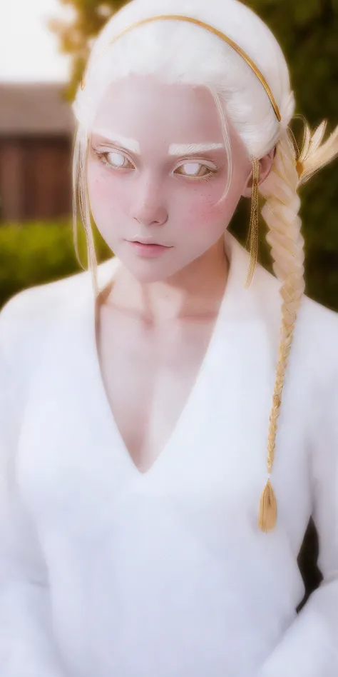 best quality, masterpiece,white hair, gold eyes,white clothes, looking up, upper body,hair strand,Fair skin,side braids