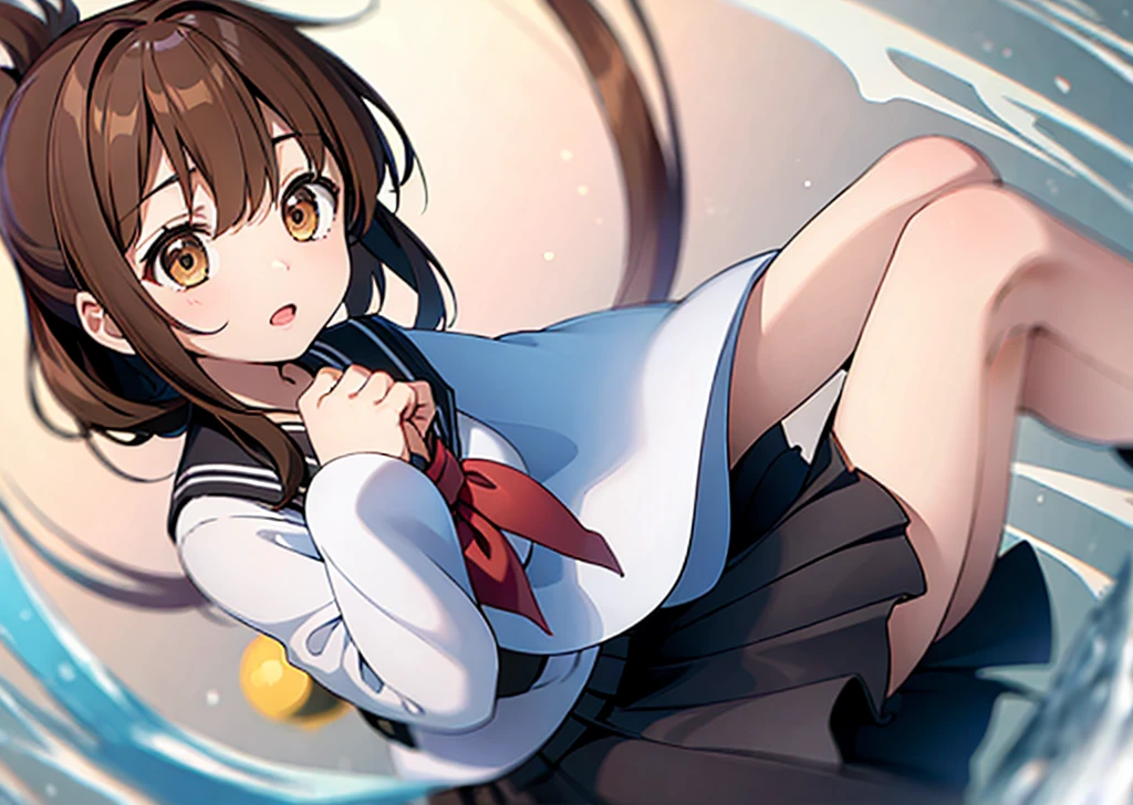 (masterpiece, best quality:1.2),illustration,8k,hd,1girl,solo,upper body,(portrait:1.2),brown_hair,folded_ponytail,brown_eyes,serafuku,long_hair,school_uniform,skirt,pleated_skirt,