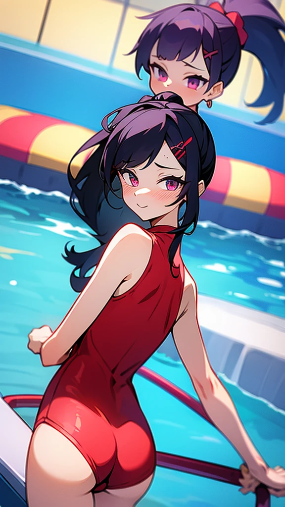 high tail hairstyle, Ponytail hairstyle, Long wavy black hair, standing posing, anime girl style, pixel art anime style,penetrating look with deep eyes,red and purple eyes, hair with a ponytail hairstyle trapped with a big red bun, Women, red hair clips, x color shaped hair clips , smiling face blush, next to the pool, sexy swimsuit, showing my ass to the camera, Black hair, parada next to the pool, 