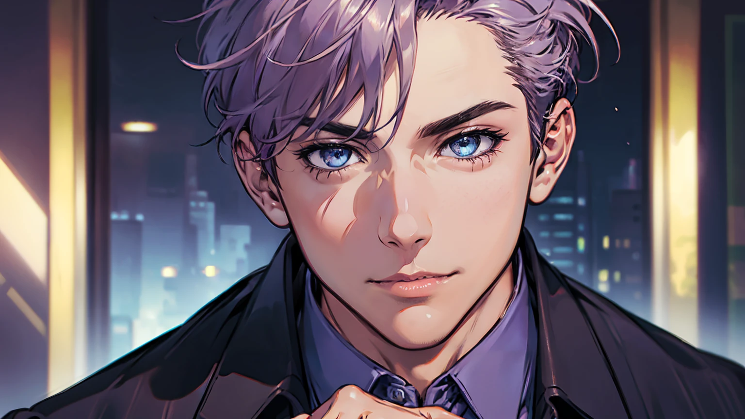 (best quality,4k,8k,highres,masterpiece:1.2),ultra-detailed,(realistic,photorealistic,photo-realistic:1.37),1 man,31 years old,mature man,very handsome,without expression,smile,short grey purple hair,blue eyes,penetrating gaze,perfect face without errors,imposing posture,businessman,office background,cinematic lighting,hdr image