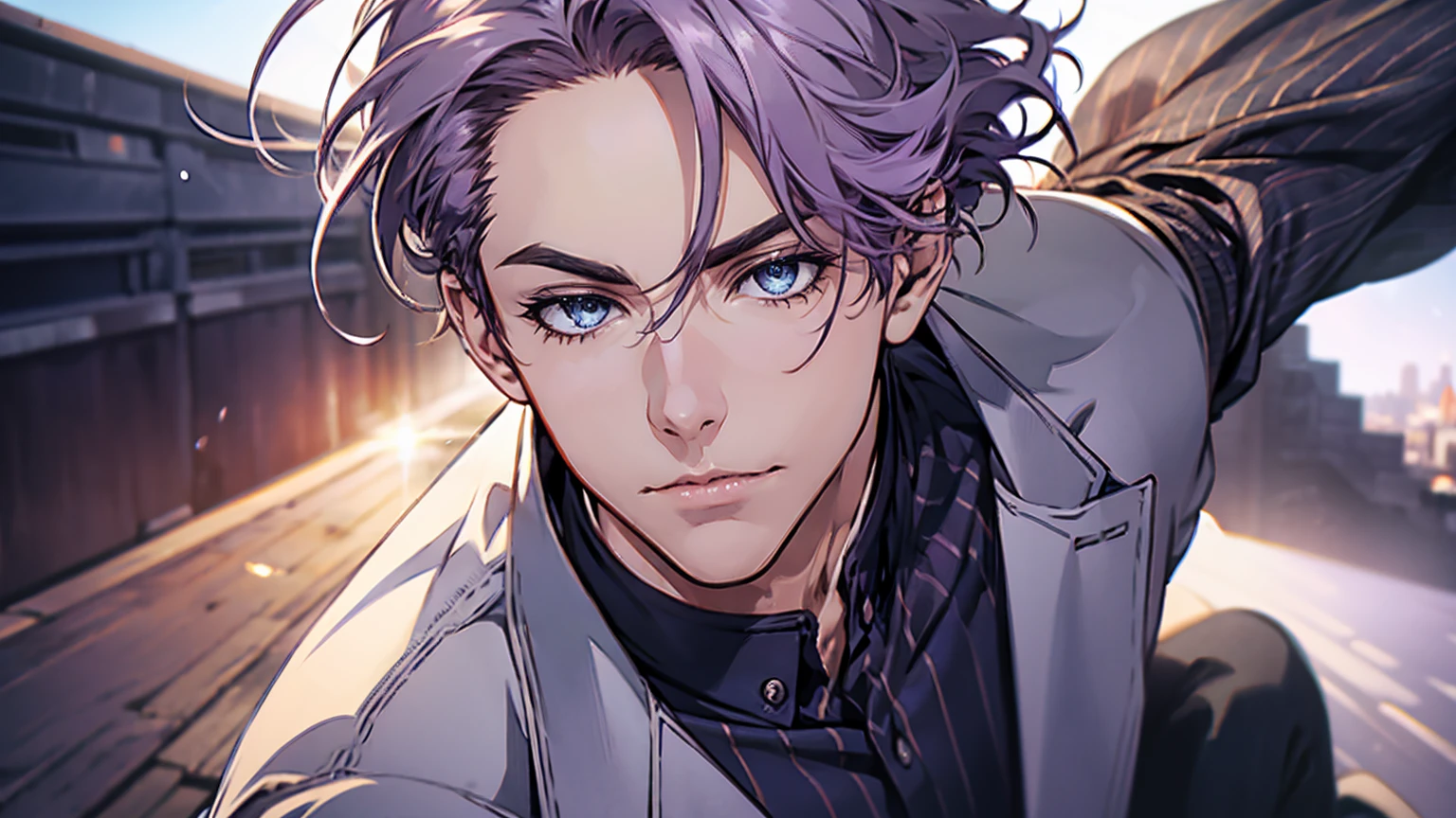 (best quality,4k,8k,highres,masterpiece:1.2),ultra-detailed,(realistic,photorealistic,photo-realistic:1.37),1 man,31 years old,mature man,very handsome,without expression,smile,short grey purple hair,blue eyes,penetrating gaze,perfect face without errors,imposing posture,businessman,office background,cinematic lighting,hdr image