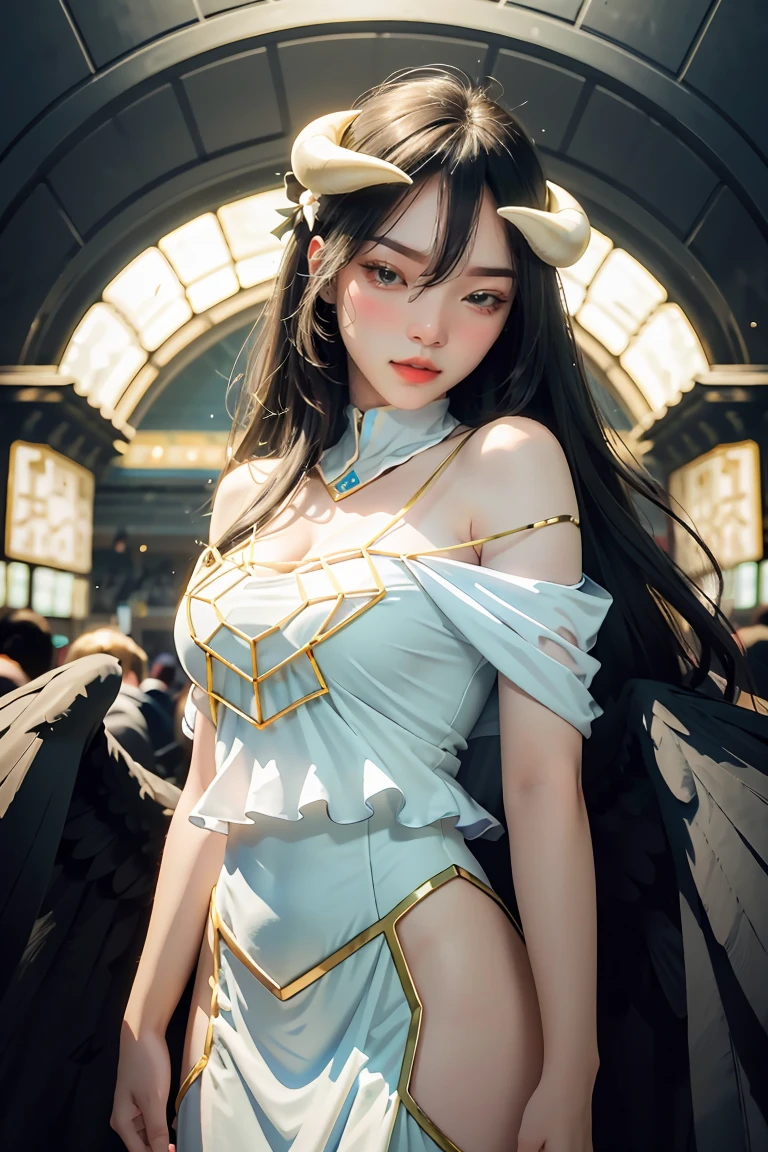 Masterpiece, Best quality, Ultra-detailed, illustration, epic lighting, Cinematic composition, isometry,(hexagons:1.2), 1girll, Horns, Solo, Yellow eyes, Black hair, Long hair, (Low wing:1.2), Large cleavage, Bare shoulders, hair between eye, Medium breasts, (White dress:1.1), Golden decoration, Detached collar, view the viewer, Semi-closed Eyes, (view the viewer:1.1), parted lip, Blush, Black feathers fall, Arena, particle fx, (8K:1.1)