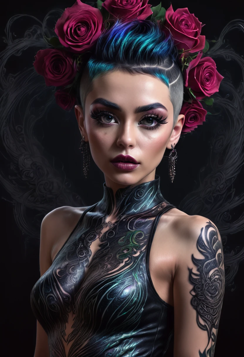 (best quality, 4k, 8K, high resolution, masterpiece: 1.2), ultra detailed: 1.4, back of a beautiful punk woman with a black dragon tattoo with roses, perfect body, mohawk hair:1,3 (photorealistic , intricate details: 1.37), highly detailed face, extremely detailed facial features, hyper-realistic skin texture, detailed skin texture, masterpiece, 8k, beautiful detailed eyes, beautiful detailed lips, extremely detailed face, long eyelashes, realistic, extremely details fine, photorealistic, dramatic lighting, moody lighting, cinematic lighting, physically based rendering, vivid colors, dramatic lighting, intricate details, cinematic composition, gothic fashion, dramatic pose