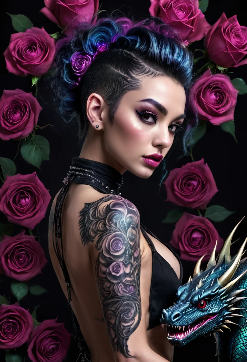 (mejor calidad, 4k, 8K, Alta resolución, obra maestra: 1.2), ultra detallado: 1.4, espalda de una bella mujer punk con un tatuaje de dragón negro con rosas, cuerpo perfecto, pelo mohawk:1,3 (photoRealista , detalles intrincados: 1.37), Cara muy detallada, rasgos faciales extremadamente detallados, hyper-Realista skin texture, Textura de piel detallada, obra maestra, 8K, hermosos ojos detallados, hermosos labios detallados, cara extremadamente detallada, Pestañas largas, Realista, extremadamente detalles bien, photoRealista, iluminación dramática, iluminación cambiante, iluminación cinematográfica, Representación basada físicamente, colores vívidos, iluminación dramática, detalles intrincados, composición cinematográfica, moda gotica, pose dramática