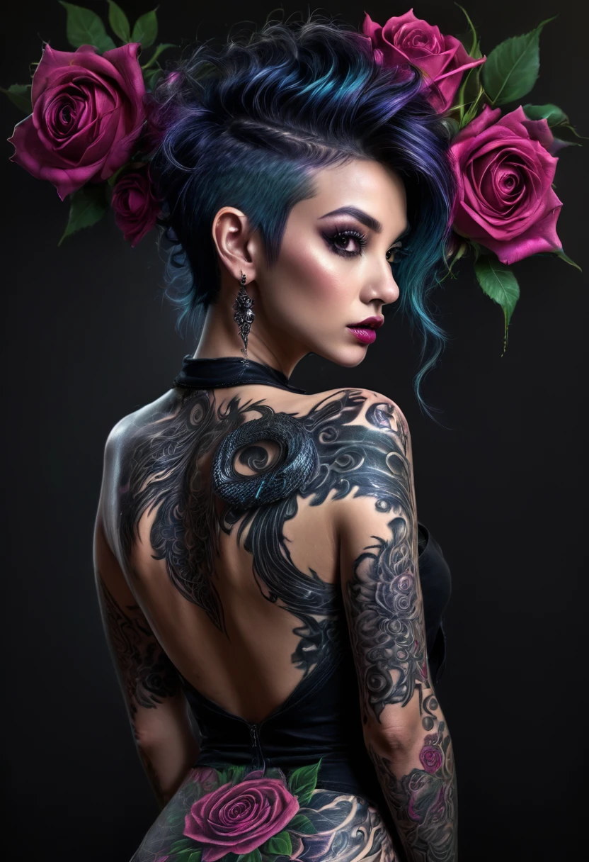 (best quality, 4k, 8K, high resolution, masterpiece: 1.2), ultra detailed: 1.4, back of a beautiful punk woman with a black dragon tattoo with roses, perfect body, mohawk hair:1,3 (photorealistic , intricate details: 1.37), highly detailed face, extremely detailed facial features, hyper-realistic skin texture, detailed skin texture, masterpiece, 8k, beautiful detailed eyes, beautiful detailed lips, extremely detailed face, long eyelashes, realistic, extremely details fine, photorealistic, dramatic lighting, moody lighting, cinematic lighting, physically based rendering, vivid colors, dramatic lighting, intricate details, cinematic composition, gothic fashion, dramatic pose