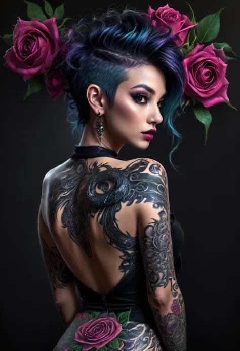 (best quality, 4k, 8K, high resolution, masterpiece: 1.2), ultra detailed: 1.4, back of a beautiful punk woman with a black drag...
