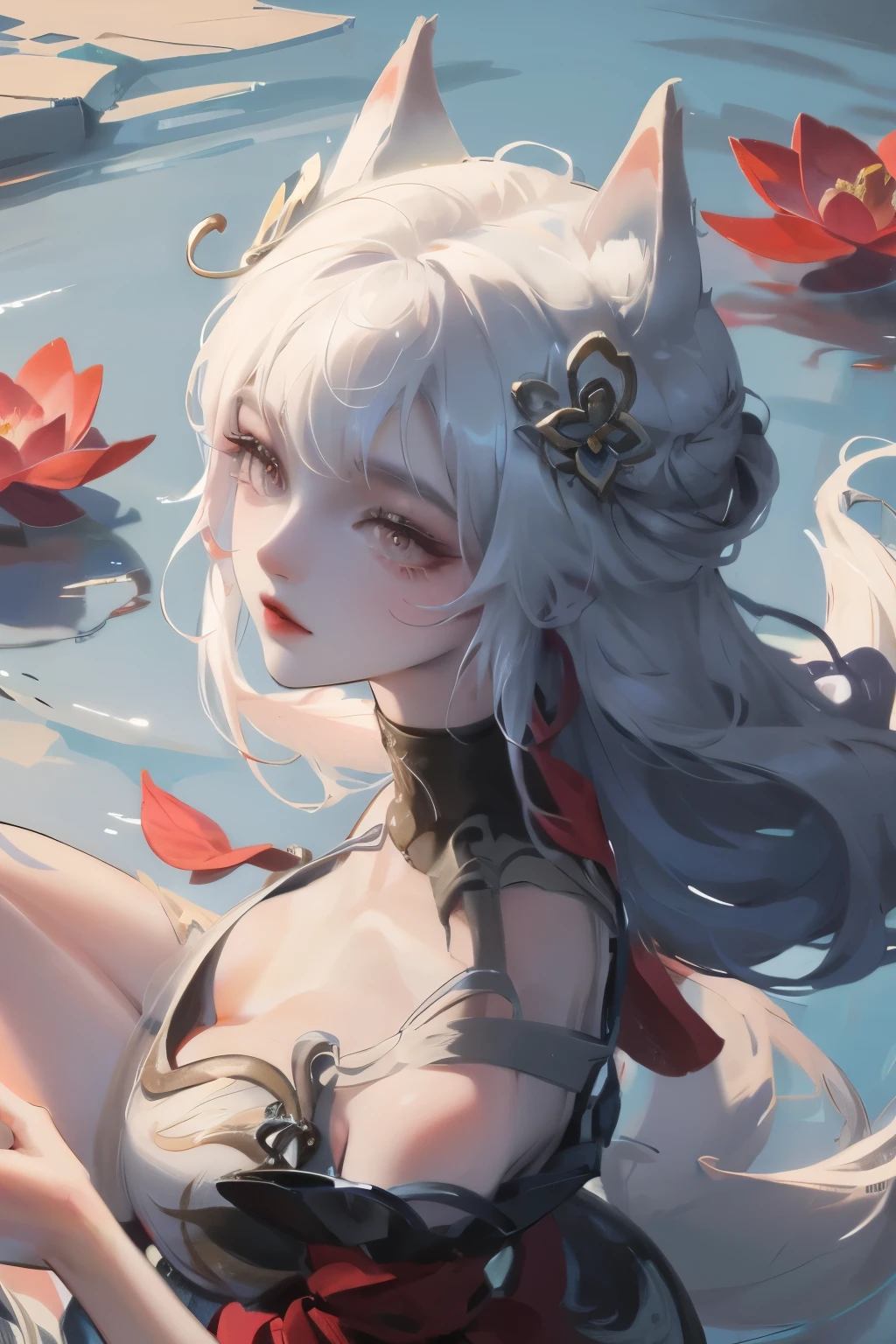 absurd, high resolution, Extremely detailed, (1 Girl:1.3), Hand Painted, Simple lines, 1 girl wearing colorful Chinese Hanfu, Sexy fox ears girl, By the lotus pond, masterpiece, sitting in water, Floating clothes, Flowing hair