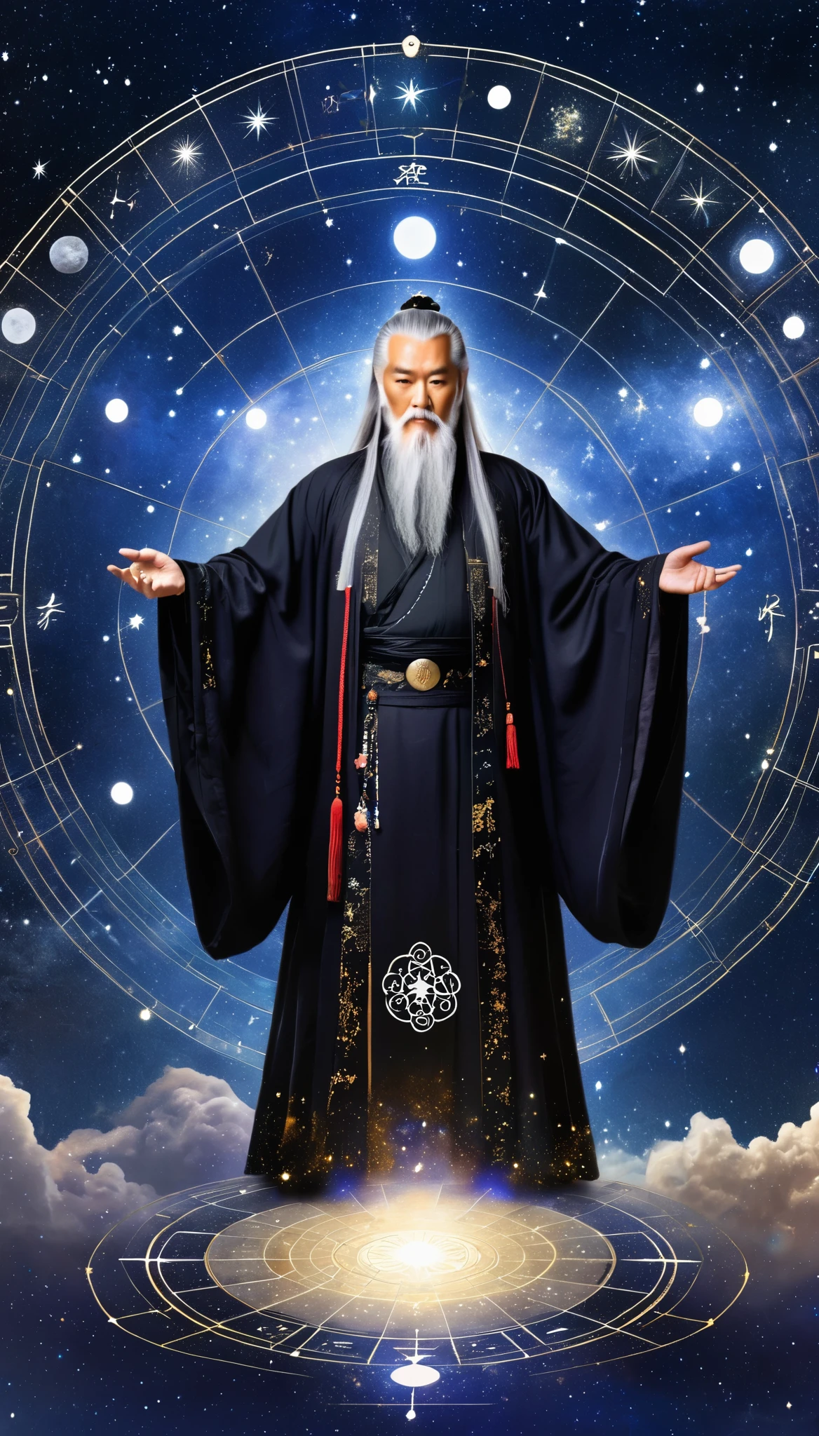 Diseuse de bonne aventure orientale，Les vieux immortels des étoiles，maître，aîné，Barbe blanche et longs sourcils blancs，Robe hanfu ample noire，Regarde les étoiles，Diagramme Galaxy Tai Chi Bagua，conception artistique，Tableau，runes，luminescence，rêve
