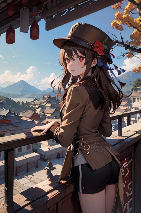 1 girl solo, brown jacket, long brown hair, red eyes, brown hat with red flowers, in a small medieval chinese town, old chinese ...