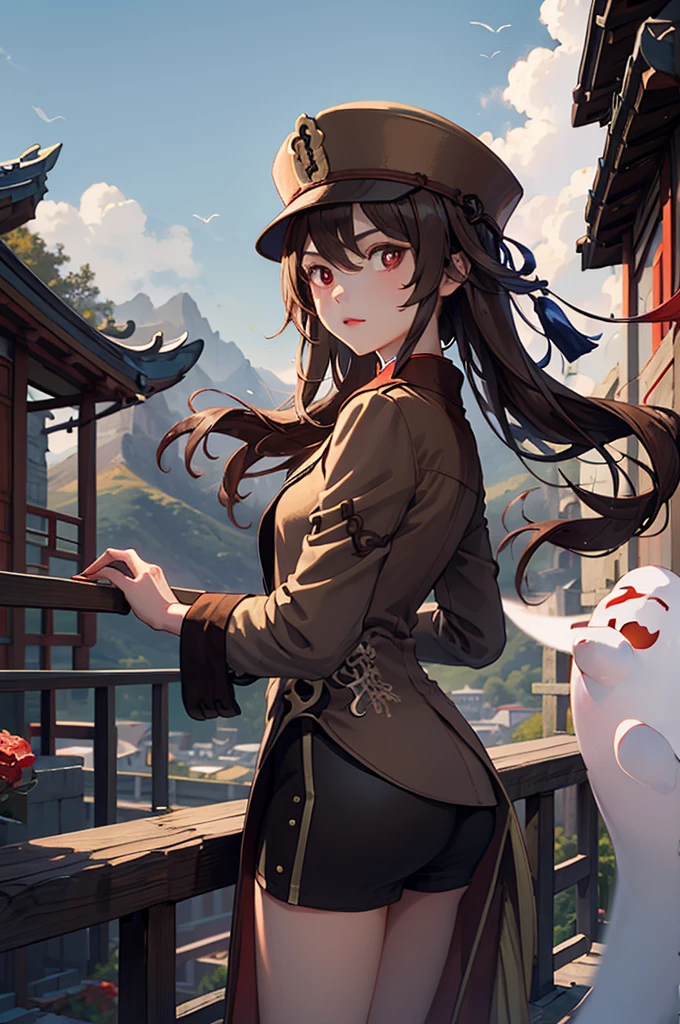 1 girl solo, brown jacket, long brown hair, red eyes, brown hat with red flowers, in a small medieval chinese town, old chinese buildings, mountains far on background, chinese temple