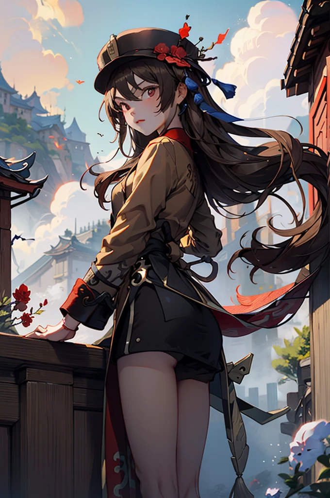 1 girl solo, brown jacket, long brown hair, red eyes, brown hat with red flowers, in a small medieval chinese town, old chinese buildings, mountains far on background, chinese temple