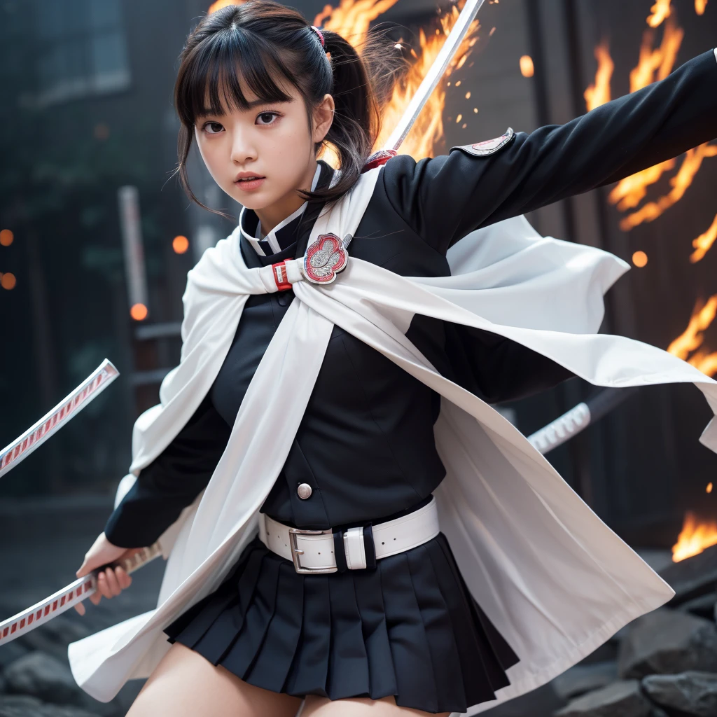 (RAW Photos, Highest quality), (Realistic, Photorealistic Truth: 1.3), Highest quality, Very detailed, masterpiece, Ultra-detailed, figure, One girl, kanao tsuyuri, ((Bangs Patsun,Side ponytail)),(( Demon Slayer uniform:1.4)), Butterfly Hair Ornament,,( white belt), (Cape, white Cape),, (Black jacket), (Pleated skirt), belt, (Black Skirt), knees, buckle, Sheathed, belt buckle, (Black Shirt:1.0),, Swinging a Sword, upper_body, Dynamic Angle, World Mastery Theatre, long hair flying, Fluorescent Centred, Dynamic fire background, Highest quality, Highly detailed CG integrated 8K wallpaper, ink, wonderful, Cinema Lighting, lens_Flare, wuxia_style,(((Straight Bangs))),