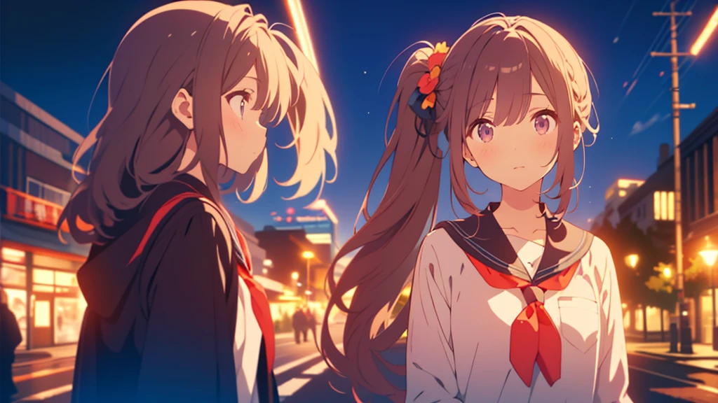 bangs, Long Hair, Hair above the eyes, Lost in Thought, Side Ponytail, Anime Style, 超High resolution, masterpiece, Textured skin, High resolution, Highest quality, High school girl standing on a street corner, in the evening, 