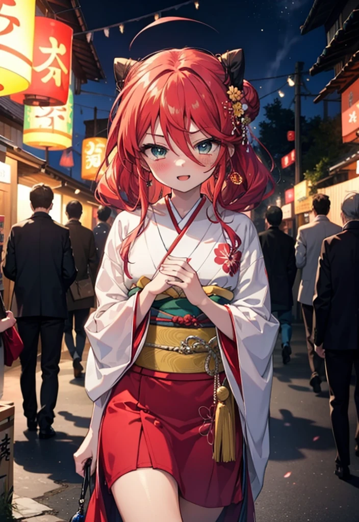 Shana,Shakugan no Shana,lange Haare, Rote Haare,rote Augen,ahoge,lächeln,erröten,Öffne deinen Mund,Haarknoten, single Haarknoten,erröten,Roter Kimono,Dicke Ärmel,roter langer Rock,日本のFestival,夏Festivalの屋台,Rote Laterne,Damit der ganze Körper in die Abbildung eingeht,gehen,　　　　　　　　　　　  brechen looking at viewer, Oberkörper (Cowboy-Schuss:1. 5),  　　　　　　　　　　　　　　　　　　brechen outdoors, Schrein,Festival, 　　　　　　　　　　　　　brechen (Meisterwerk:1.2), höchste Qualität, Hohe Auflösung, Einheit 8k Hintergrundbild, (Form:0.8), (Schöne und schöne Augen:1.6), sehr detailliertes Gesicht, Perfekte Beleuchtung, Hochdetaillierte CG, (perfekte Hände, Perfekte Anatomie),