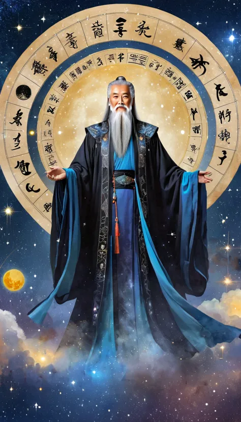 oriental fortune teller，the old immortal on the top of the stars，elders，white beard and long white eyebrows，black loose hanfu ro...