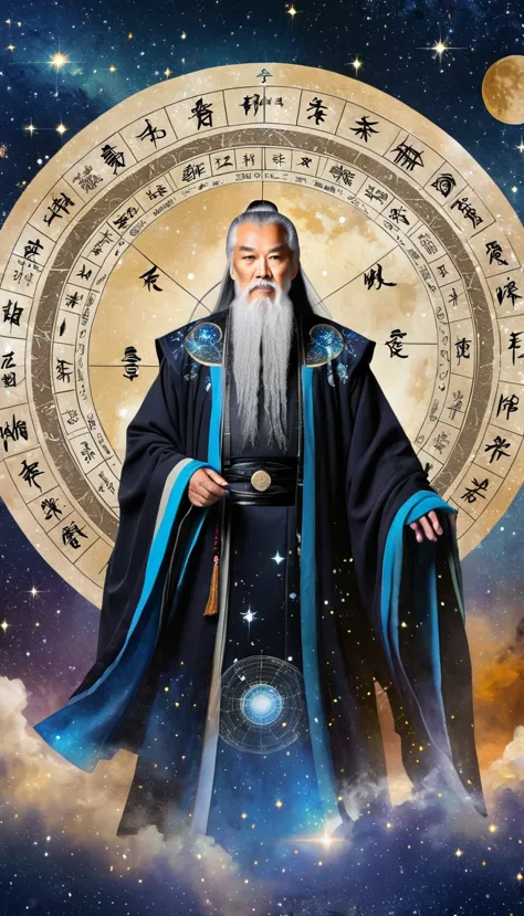 oriental fortune teller，the old immortal on the top of the stars，elders，white beard and long white eyebrows，black loose hanfu ro...