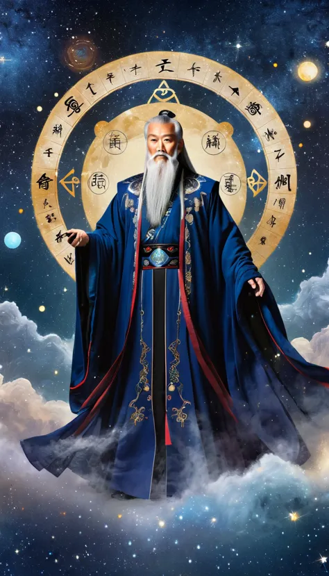 oriental fortune teller，the old immortal on the top of the stars，elders，white beard and long white eyebrows，black loose hanfu ro...