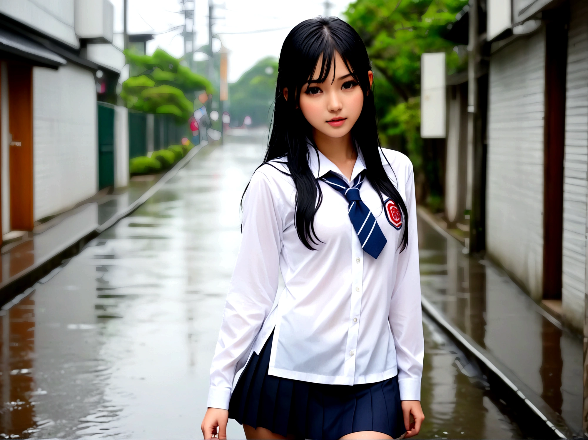 ((Nipples visible through a wet white shirt))、No underwear、Full body view、Long straight black hair、high school student、uniform、sexy、No bra、mini skirt、Japanese、17 years old、