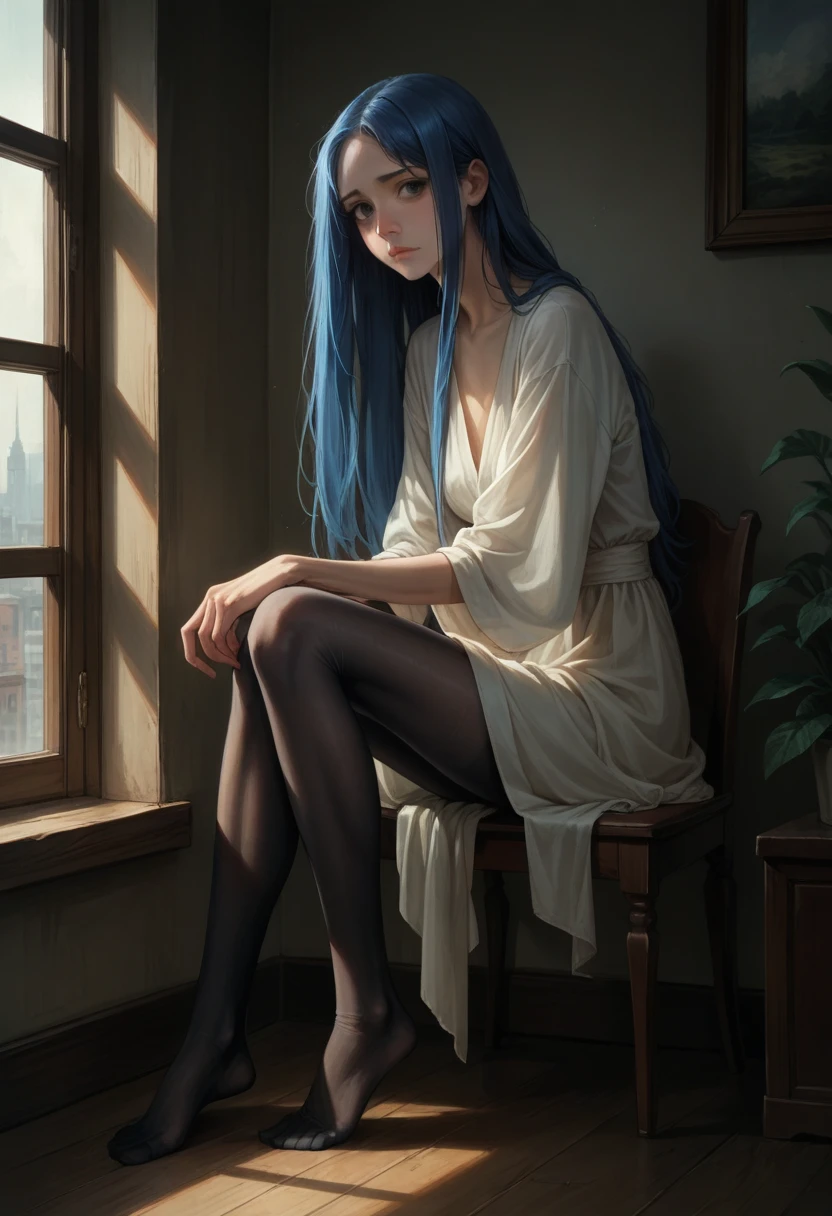 masterpiece, newest,
Highly detailed, 1girl, slender, shy, sitting, arms at sides,long legs, long hair, opaque pantyhose, no shoes, blue hair, beautiful black eyes,  sagging clothes, realistic, windows