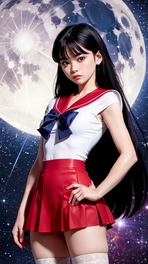 A detailed and vibrant image of a character similar to Rei Hino from Sailor Moon, standing in an iconic pose with a background o...