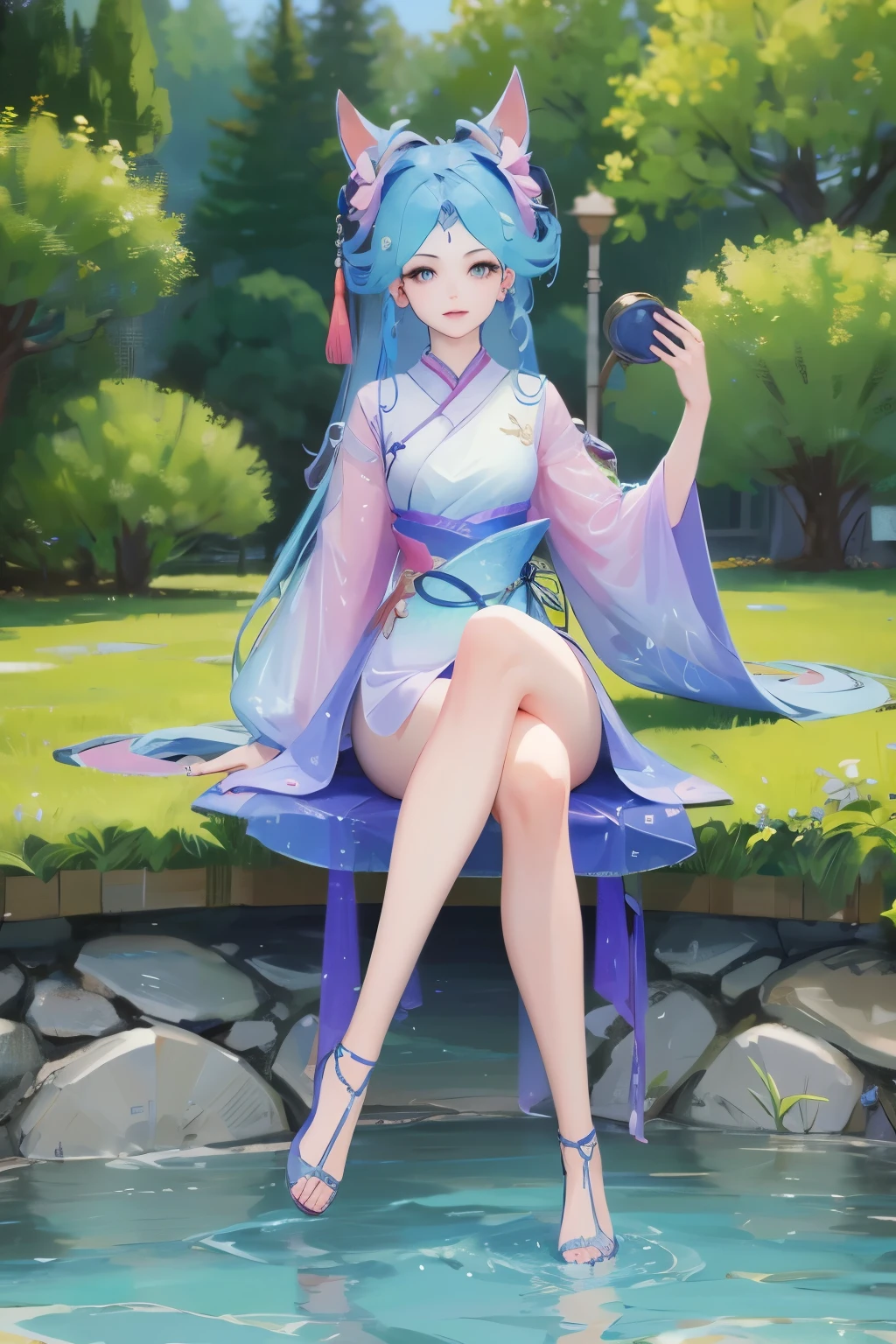 absurd, high resolution, Extremely detailed, (1 Girl:1.3), Hand Painted, Simple lines, 16-year-old girl wearing colorful Chinese Hanfu, Sexy fox ears girl, By the lotus pond, masterpiece, sitting in water, Floating clothes, Flowing hair