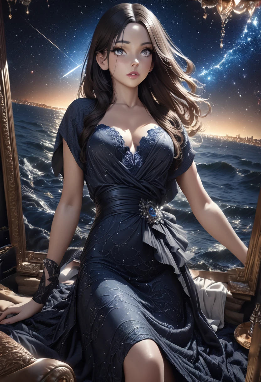 a beautiful astrologer woman, 1girl, long dark hair, piercing eyes, elegant dress, vintage astrology theme, ornate crystals, starry night sky background, intricate celestial patterns, (best quality,4k,8k,highres,masterpiece:1.2),ultra-detailed,(realistic,photorealistic,photo-realistic:1.37),cinematic lighting,dramatic colors,fantasy,digital painting,concept art