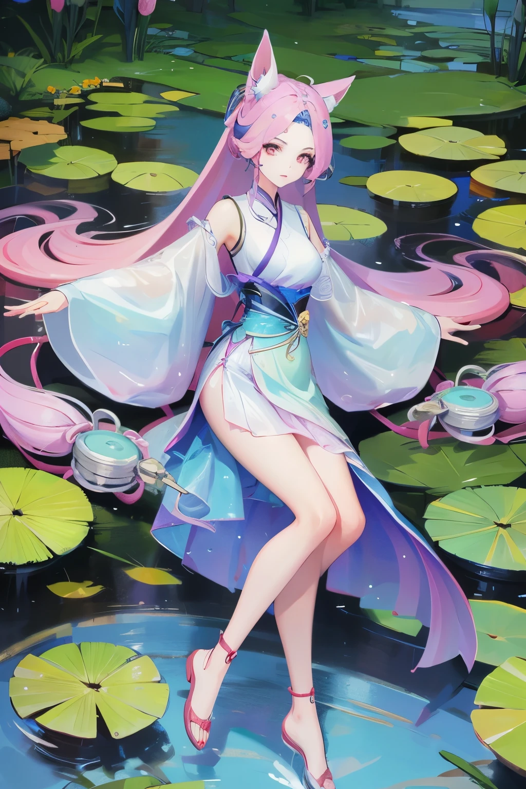 absurd, high resolution, Extremely detailed, (1 Girl:1.3), Hand Painted, Simple lines, 1 girl wearing colorful Chinese Hanfu, Sexy fox ears girl, By the lotus pond, masterpiece, sitting in water, Floating clothes, Flowing hair