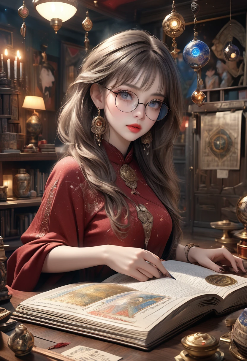 a beautiful cute girl, fortune telling, beautiful detailed eyes, long eyelashes, beautiful detailed lips, an astrologer, astrology book, at the shady fortune-telling house, horoscope, (best quality,4k,8k,highres,masterpiece:1.2),ultra-detailed,(realistic,photorealistic,photo-realistic:1.37), glasses, mysterious atmosphere, mysterious clothes, standing