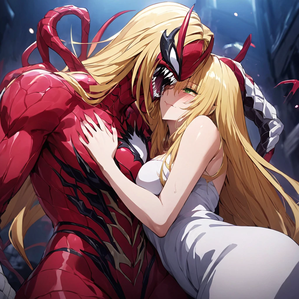 ((Highest quality)), ((masterpiece)), (detailed), （Perfect Face）、The Venom woman is Tearju, a green-eyed, blonde, medium-long-haired female Venom who has completely transformed into Venom and is wearing a red Venom suit that fits her entire body, including her head, covering the entire woman, and she has been reborn as the complete Venom Queen.、The woman is happily snuggling up to the male Venom King and holding a Venom baby.、The man is a Venom King with a strong and dignified body based on dark blue, and he is loved.、A happy and loving couple, King and Queen