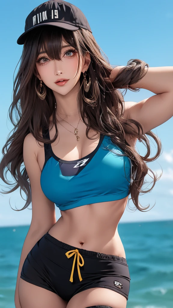 masterpiece, highest quality, pixiv, cool girl, the strongest sports girl, basketball, Popular Characters, baseball cap, Stylish sunglasses, Cute bra and panties, dark brown hair, curly hair, dull bangs, straight bangs, color contact lens eyes, gal, Improve、Heavy Big 、、blue sea、The best oceans、Luxury quality、royalty、The best oceans