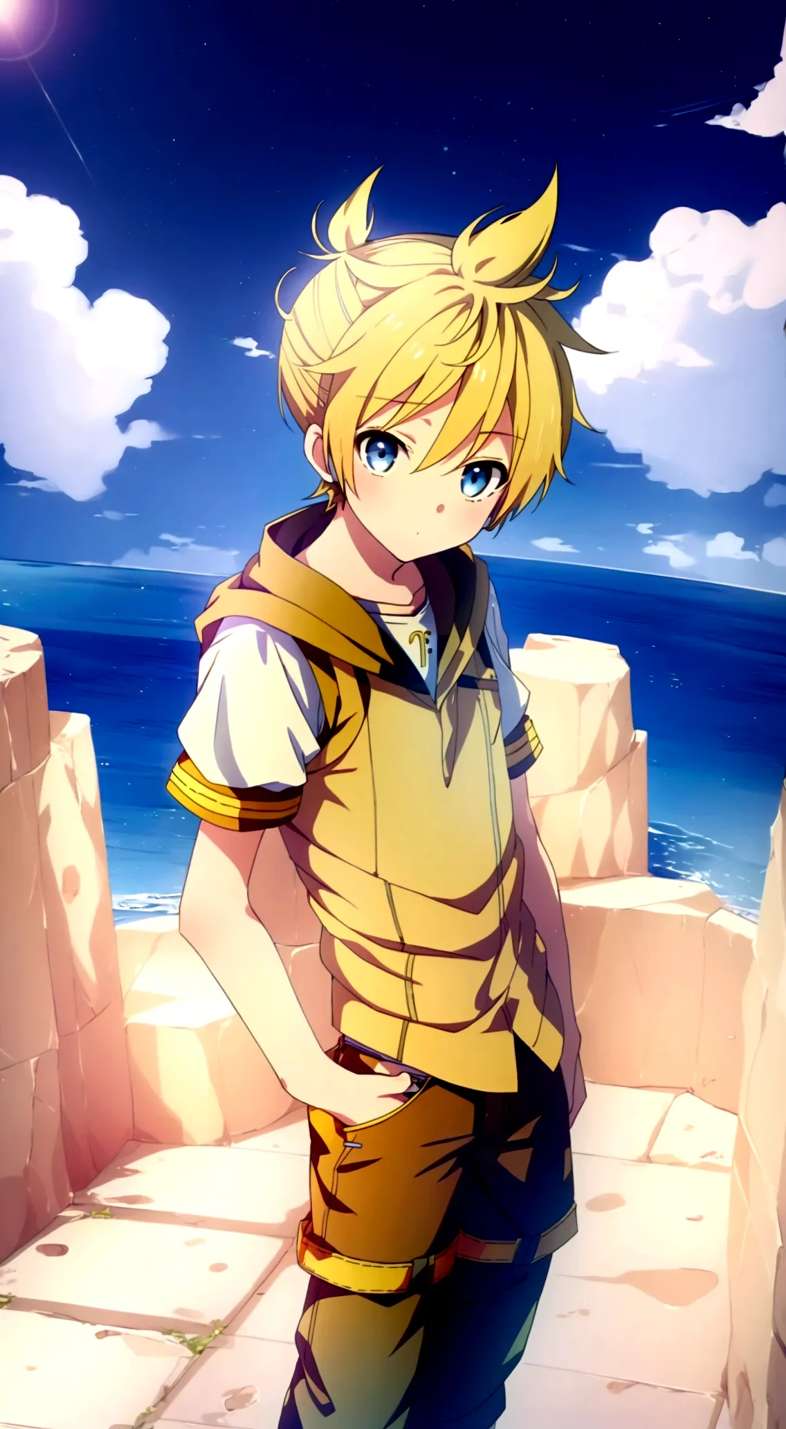 one boy, (kagamine len), vocaloid, light blue eyes, short pants, blond hair, cowboy shot, cool, handsome, cute