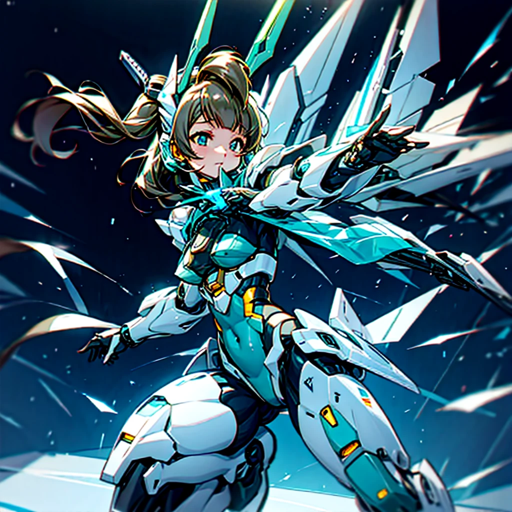 masterpiece, high quality, Minami Kotori, who has been turned into a mechanical body cyborg、Gynoid cyborg body modification surgery、Blue and white leotard armor、solo、Single image、from front, full body、Mechabare、Sexual processing type mechanized genitals、Black background