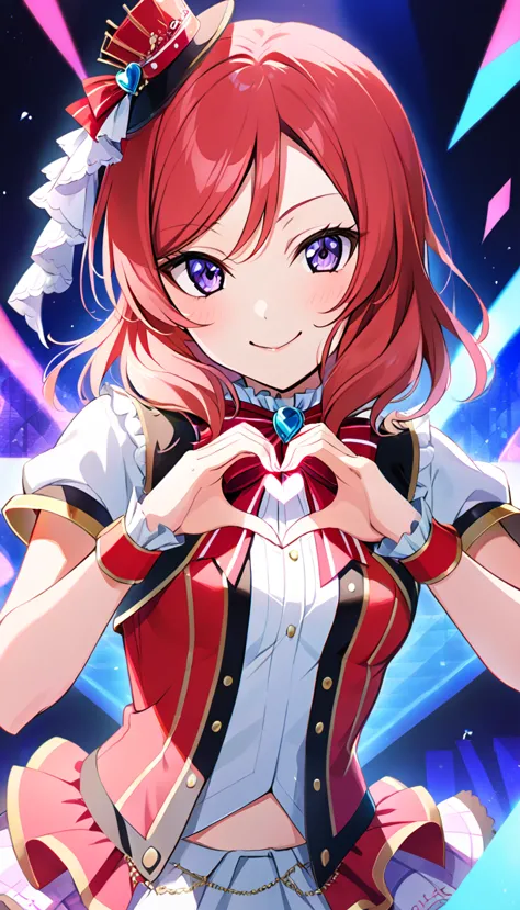 1girl, nishikino maki, upper body, idol costume, smile, id_maki_nishikino,making her heart-shaped hands