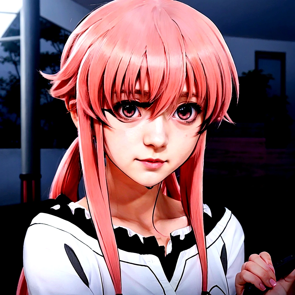 anime girl with pink hair and black and white shirt holding a cell phone, anime visual of a young woman, gasai yuno, gasai yuno, female anime character, anime visual of a cute girl, cel shaded anime, anime character, anime girl named gasai yuno, gapmoe yandere, gasai yuno, as an anime character