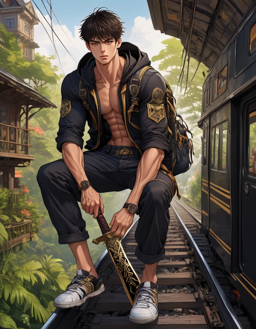 anime style, deep color palette, symmetrical composition, ultra-detailed artistic style, oil painting, full body, perfect composition, perfect anatomy, wearing small shorts, dramatic, natural lighting, a beautiful young man, handsome, tall, perfect feet, Latino, muscles Realistically detailed, body symmetry, he is furious sitting on the roof of a black and gold train locomotive and holding a sword, carrying a multicolored backpack, in a mix of downtown and jungle scenery
