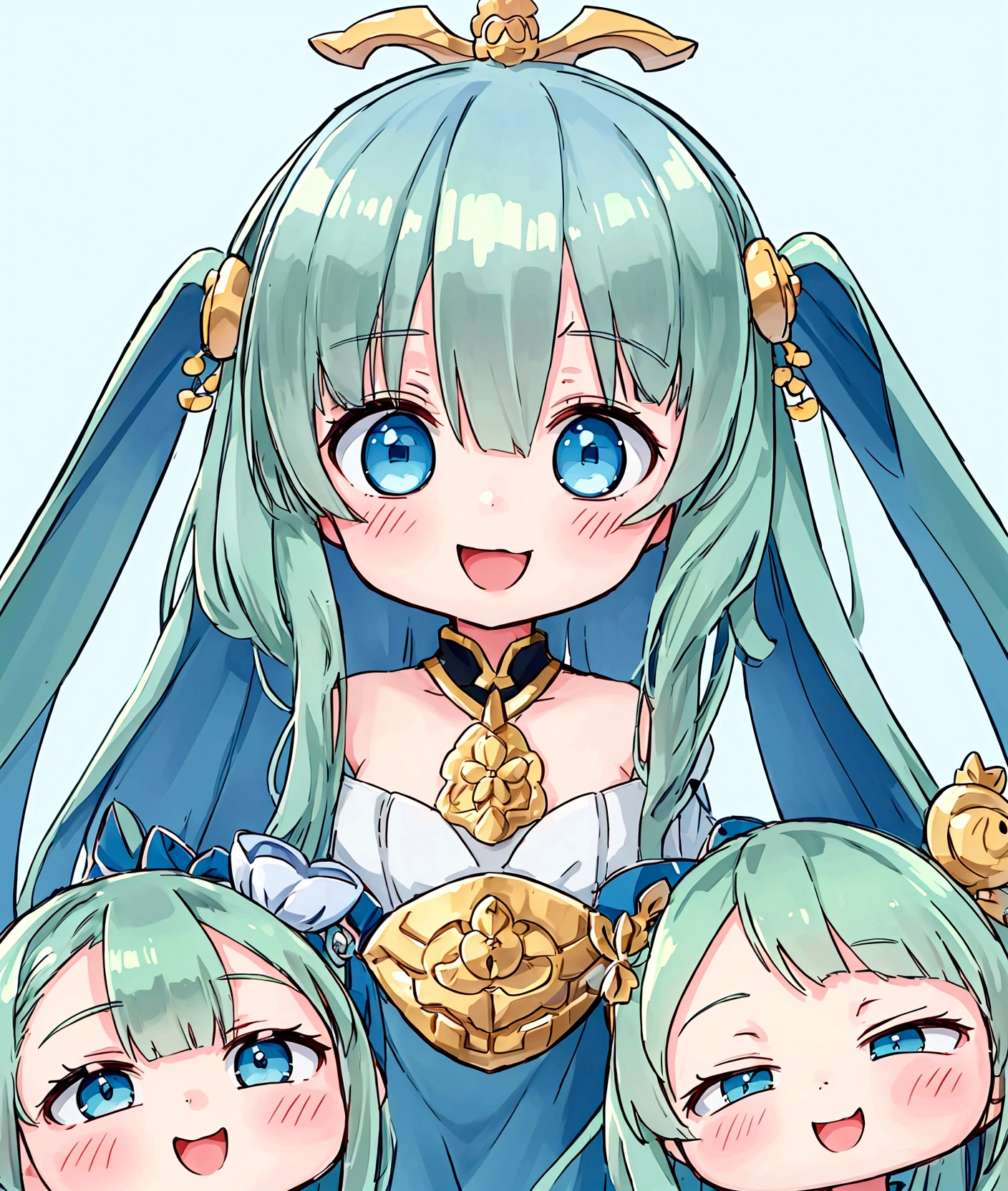 ,Baby Face, ((Anime Girls)),　Green skinned、Light blue long hair、、Short limbs、Big Head、Flat chest、Very detailed, ((masterpiece, Highest quality;1.3)) , An innocent smile、laughing、whole body