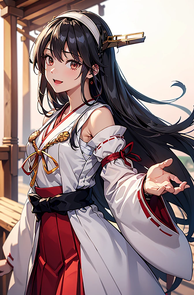 Highest quality, masterpiece, High resolution, 一人in, {Aaron_Fleet Collection:1.15}, black_hair, length_hair, hair_ornament, hairband, brown_eye, hairclip, red面, smile, headgear, chest, Non-traditional_Shrine maiden, hair_between_eye, One Girl, independent_sleeve, Japanese_Clothes, Looking_in_audience, red_skirt, ribbon-trimmed_sleeve, ribbon_trim, skirt, just_shoulder, Simple_background, white_background, Open_mouth, sarashi, wide_sleeve, ((オフィスbackground, リビングbackground))