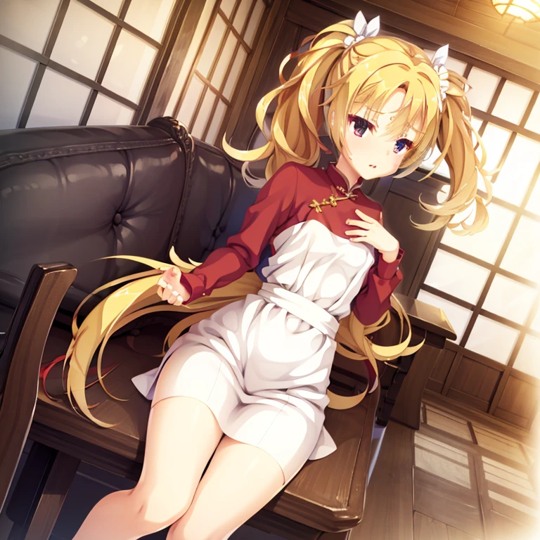 A small girl, seductive, ((forehead to show)), attractive, sexy eyes, red coat, blonde hair, twintail, delicate, young, long hair, detailed face, high definition, full body, chinese maid outfit, uncomfortable face, cafe, hands behind back