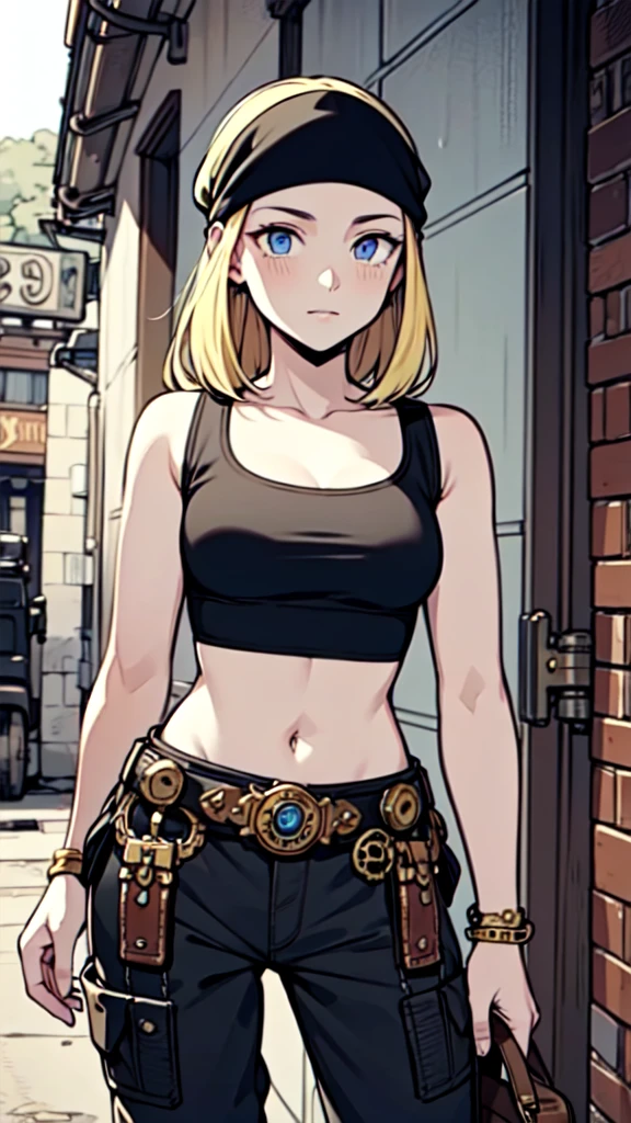 detailed, (masterpiece:1.2), (pale skin:1.2), (solo:1.2), (female), (emphasis lines:1.3), headwrap, blonde, blue_eyes, bare_shoulders, midriff, armbands, bracelets, collarbone, outdoors, (steampunk:1.3), (dirty_skin), day, (baggy_pants:1.3)