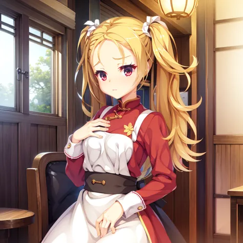 a small girl, seductive, ((forehead to show)), attractive, sexy eyes, red coat, blonde hair, twintail, delicate, young, long hai...