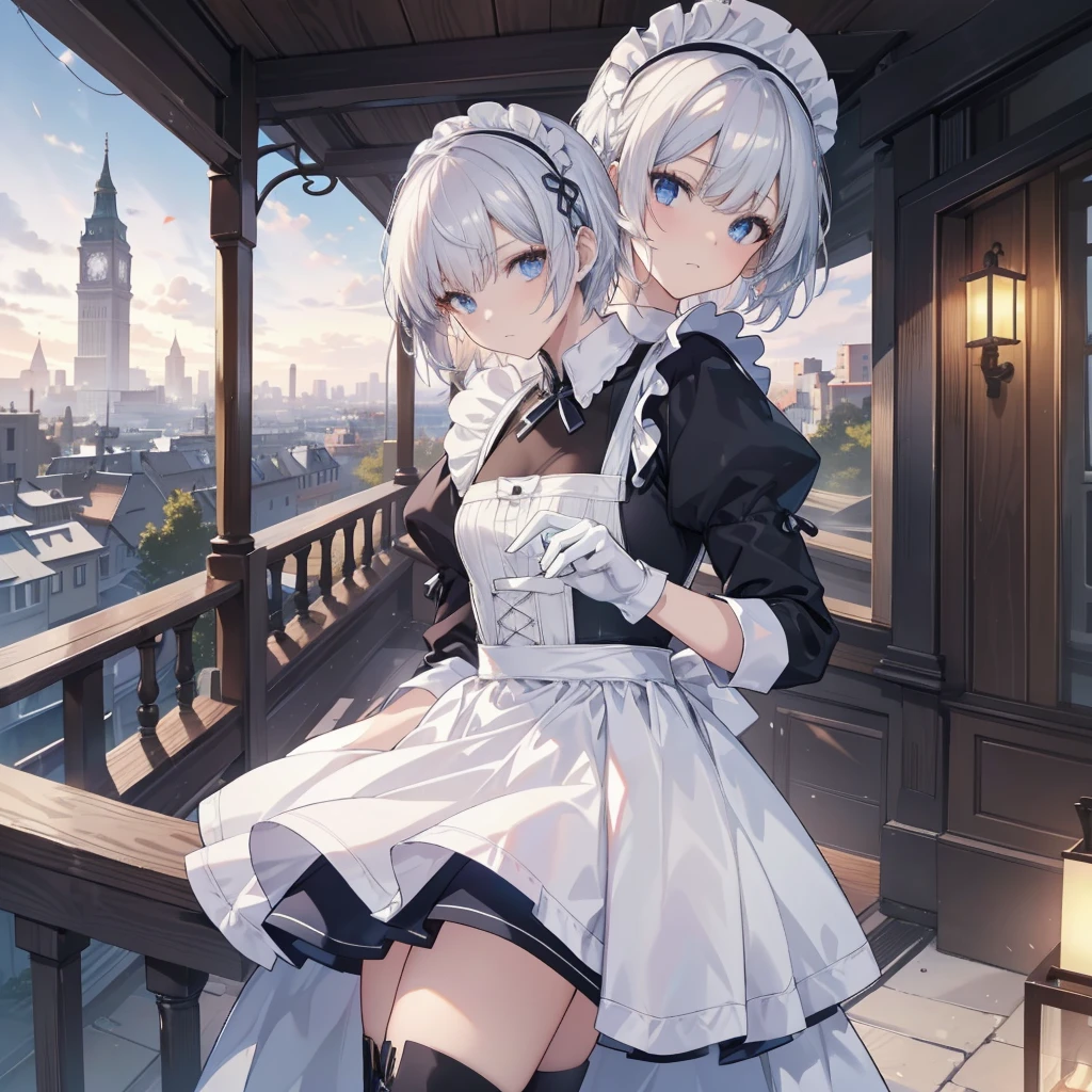 Illustration of one person, Dengeki Bunko, Woman Looking Back, Perfect Human Medicine, Woman keeps falling, {{{{{Maid clothes}}}}},Small Tits,anime, Two legs, Cool,{{{{{50 year old woman}}}}} ,{{{{{a person is depicted}}}}},(Official Art、{{{{{Upper Bodyアングル}}}}},Highest quality、Unity 8k wallpaper、32k、masterpiece、Ultra-detailed、Ultra-high resolution, Realistic、Grab your hair with your hands, Photorealistic:1.2)、(Cinema Lighting:1.2)、,Fire Glow Effect、The most grainy shadows on the film、Rim Light、Side light、Side Shot、(Ultra-detailedで複雑な3Dレンダリング)、Very short hair, Short wolf hair,細部までBeautiful Faceと目、Sharp pupils、Realistic生徒、Slender、white maid hat, Highly detailed background、Beautiful Face、Beautiful 16 year old girl、(Ultra-detailedなスキン、Detailed skin texture:1.Silver Hair:1.3)、Blunt bangs、blue eyes、{{{{{黒いMaid clothes}}}}}、White apron costume、Black knee socks、(Thighs Thighs Thighs Thighs:0.8)、Black Bhutanese sticks and a beautiful sunset、Medieval castle、Dancing on the Tower Roof、(avert your eyes、Overlooking the city:1.3)、Fantastic、Close your mouth and bite, Makes your face smaller, (Tabletop), Highest quality, Perfect Face, 1 Girl, alone, Eye color is light blue, Hair between the eyes, Very Short Hair, blue eyes, Silver Hair, Knee-high boots, corset,Black gloves, Long sleeve, Upper Body,