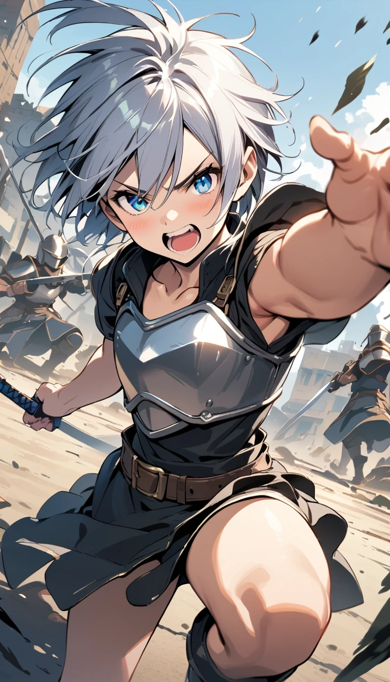 masterpiece, illustration, perfect anatomy, 1shota is 10 years old, solo, silver hair, long hair, blue eyes, swordman, dynamic pose, dynamic angle, battle, Buckler, breastplate armor, bare arms, bare knees, collarbone,  &lt;lora:flat2:-0.4&gt;