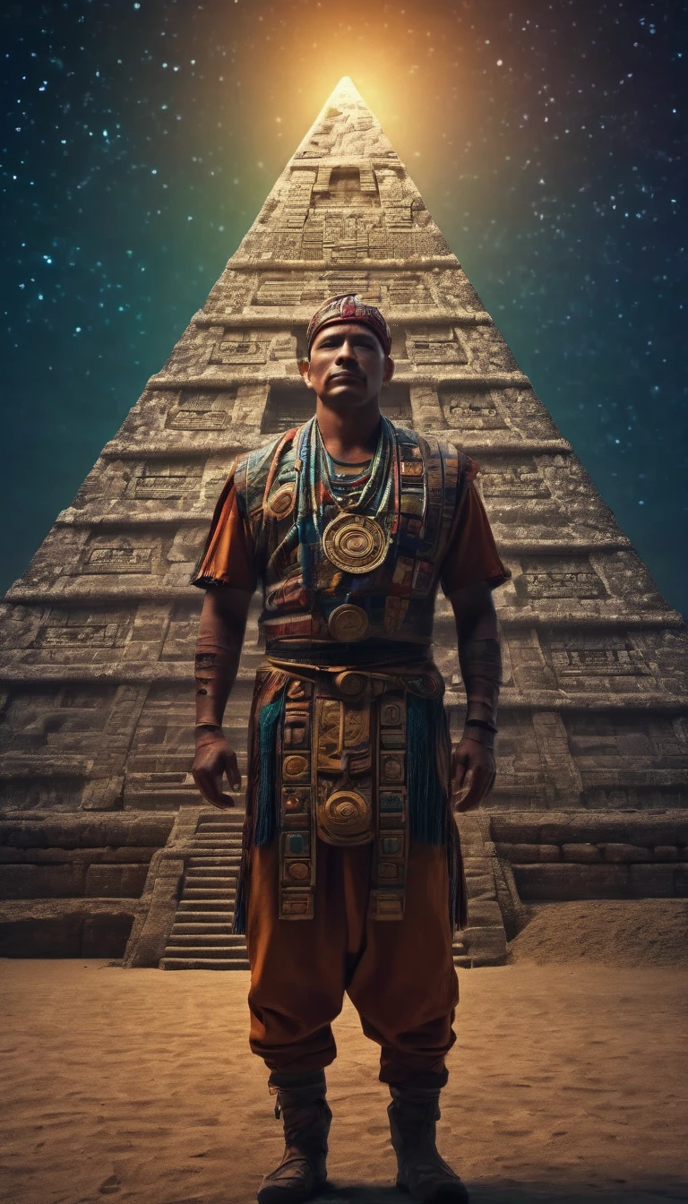 long shot full body, (((intricate Mayan astrology, a Mayan male astrologer, with his typical clothing, Mayan pyramid:1.5))), celestial stars, mystical, idyllic, magical, detailed portrait, dramatic lighting, cinematic, hyperrealistic, 8k , ultra detailed, photorealistic, award-winning digital art, vibrant colors, chiaroscuro, dramatic shadows, dramatic composition, volumetric lighting, atmospheric, dreamlike, surreal, visionary