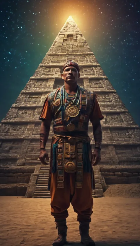 long shot full body, (((intricate mayan astrology, a mayan male astrologer, with his typical clothing, mayan pyramid:1.5))), cel...