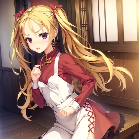 a small girl, seductive, ((forehead to show)), attractive, sexy eyes, flat eyebrows, red coat, blonde hair, twintail, delicate, ...